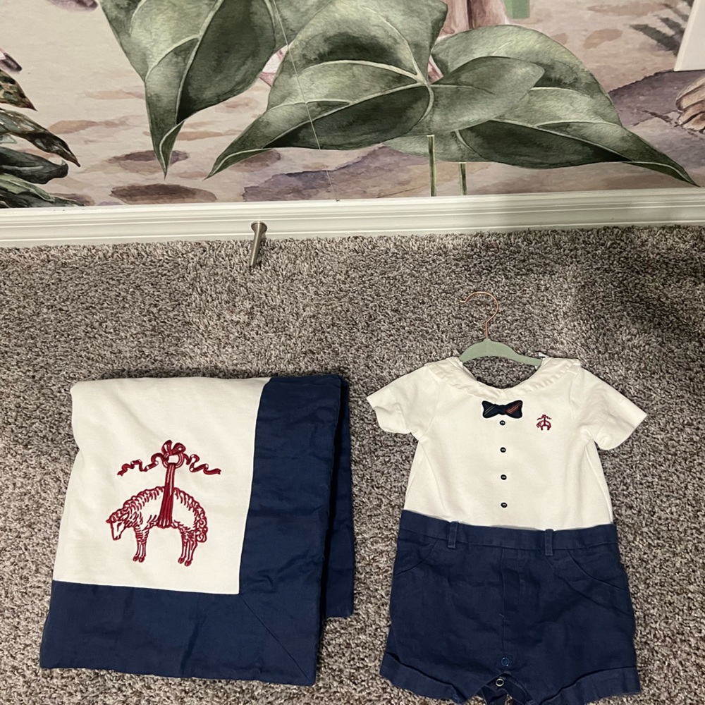 Brooks Brothers Boys Bowtie Shortall & Blanket Set - 9 Months